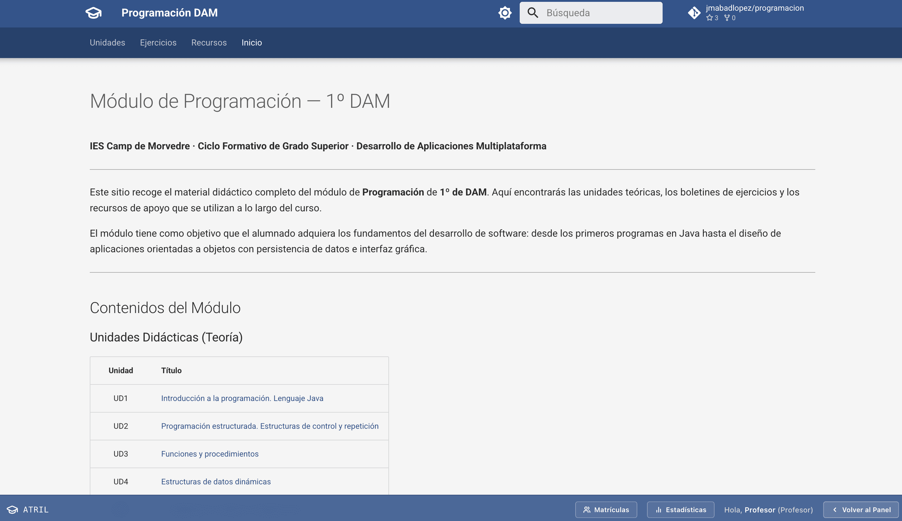Captura de un curso real publicado con Material for MkDocs