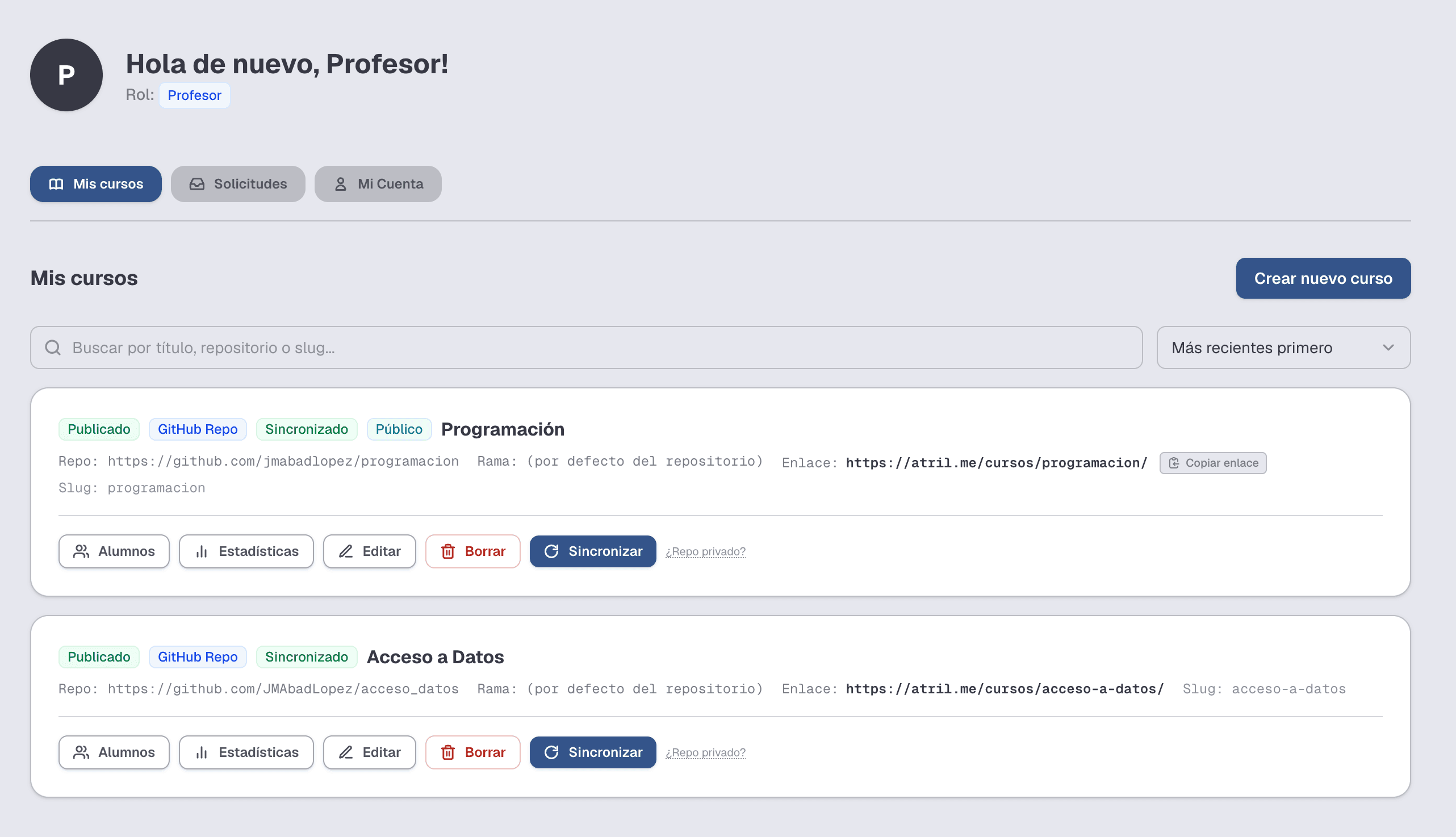 Panel del profesor con sus cursos y su estado