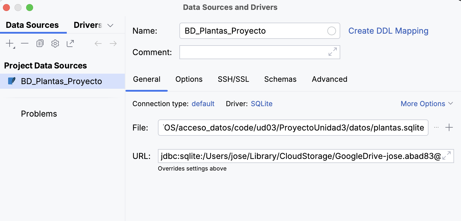 Configuración de la conexión SQLite en IntelliJ